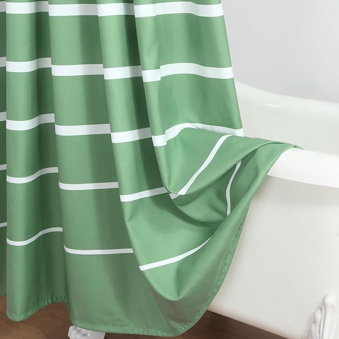 90 Inch Green Shower Curtain, Extra Long Sage Green and White Stripe Waterproof Polyester Shower Curtains for Bathroom, 72x90 Inches