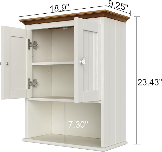 Treocho Wood Wall Cabinet, Bathroom Medicine Cabinet Storage with Doors and Adjustable Shelf, Rustic Cabinet Wall Mounted for Bathroom, Living Room, Kitchen, White & Brown