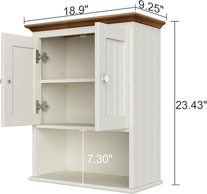 Treocho Wood Wall Cabinet, Bathroom Medicine Cabinet Storage with Doors and Adjustable Shelf, Rustic Cabinet Wall Mounted for Bathroom, Living Room, Kitchen, White & Brown