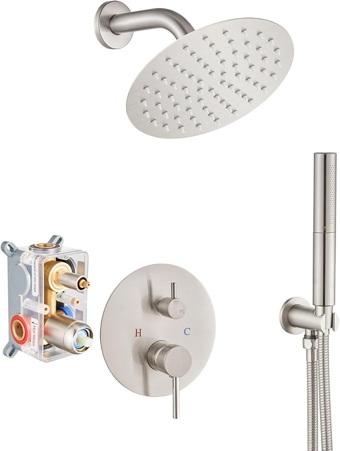 Airuida Shower Fixtures 2 Functions Shower Faucet Set Wall Mounted for Bathroom High Pressure Brass Handheld Shower with Rough-in Valve Round Rainfall 8 Inch Shower Head Brushed Nickel
