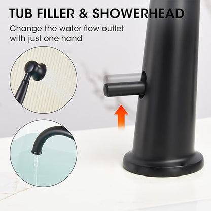 Roman Tub Faucet Set with Hand Shower, KRUZOO Bathtub Faucet Set Trim Kit with Rough-in Valve, Deck Mount Widespread 4 Hole Brass Tub Filler, KZ-9608BK, Matte Black