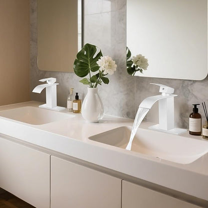 Bathroom Faucets White Waterfall Bathroom Sink Faucet Modern Single Handle Bathroom Faucet for 1 or 3 Hole Mxier Tap Washbasin Faucet with Deck, Pop-up Drain and Supply Hoses