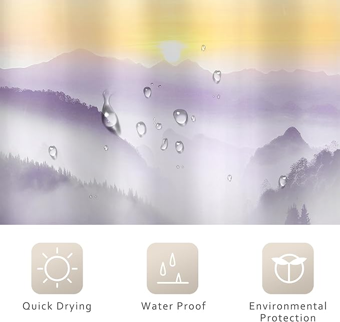 Riyidecor Misty Mountain Shower Curtain 72Wx72H Inch Purple Sunrise Nature Scenery Foggy Pine Tree Woodland Modern Rustic Natural Landscape Bathroom Decor Fabric Polyester Waterproof 12 Pack Hooks