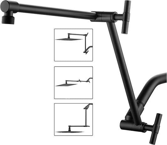Matte Black Shower Head Extension - 13'' Adjustable Arm for Rain & Handheld, Locking Nuts, Universal Connector