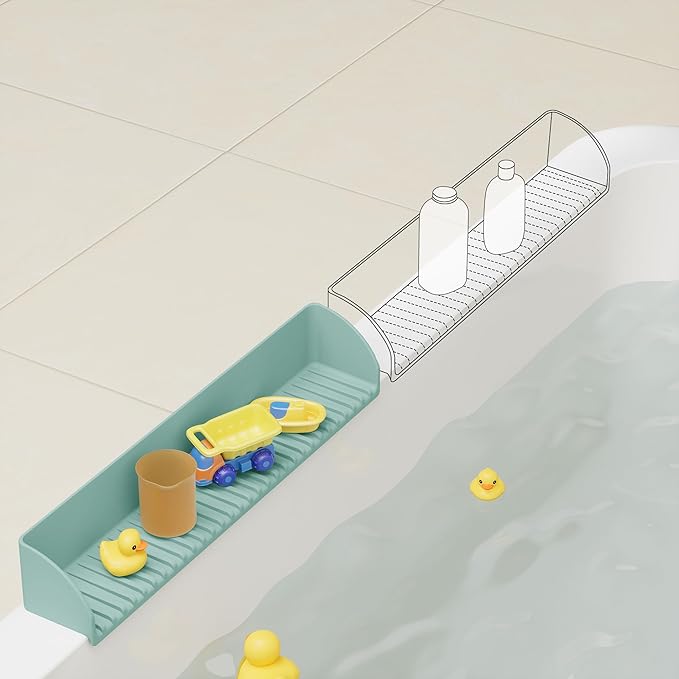 Bathtub Splash Guard for Tub - Silicone Tub Water Splash Guard with 4 Suction Cups, Bath Toy Holder, Tub Play Shelf for Kids, Bathtub Side Splash Guard Tray, Toddler Bathroom Essentials, 1Pack, Aqua