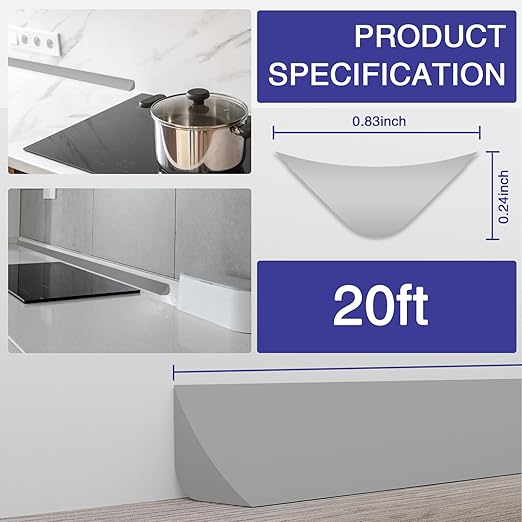 Flexible Molding Trim, Flexible Bendable Adhesive Caulking Strip, Molded Trim, Peel and Stick Home Decorative Edge for Bathroom, Kitchen, Floor, Wall (Grey, 0.83in x 0.24in x 20ft)