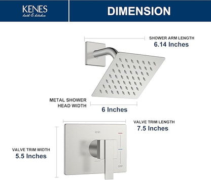 KENES Brushed Nickel 6-Inch Shower Head and Handle Set, Square Shower Faucet Set Bathroom Rainfall Shower System Wall Mount, KE-6025B (Shower Valve Included)