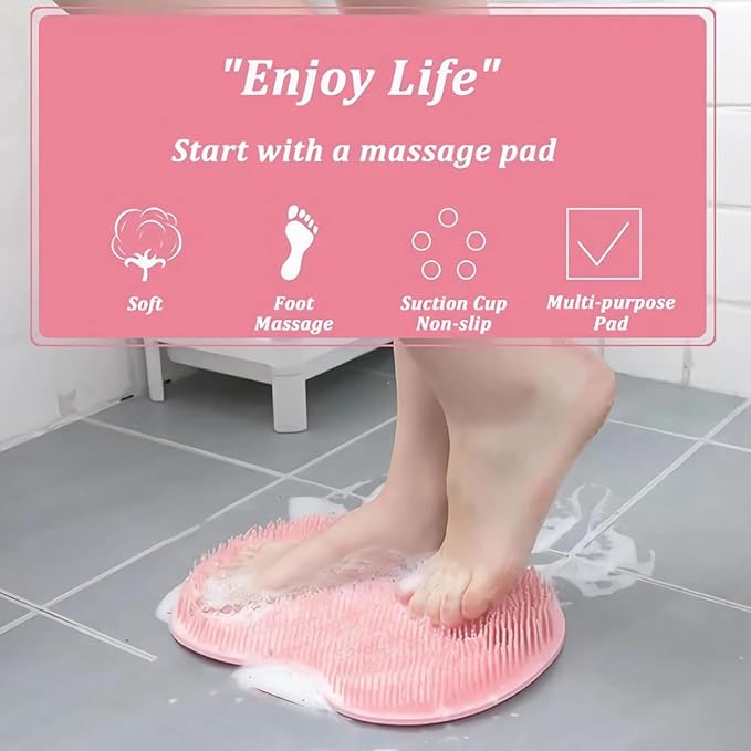 Shower Foot & Back Scrubber, Massage Pad with Suction Cups & Pumice Stone, Multi-Surface Silicone Bath Mat for Exfoliating and Massaging in Shower or Bathtub, 9.8x11.8 Inch (Green)