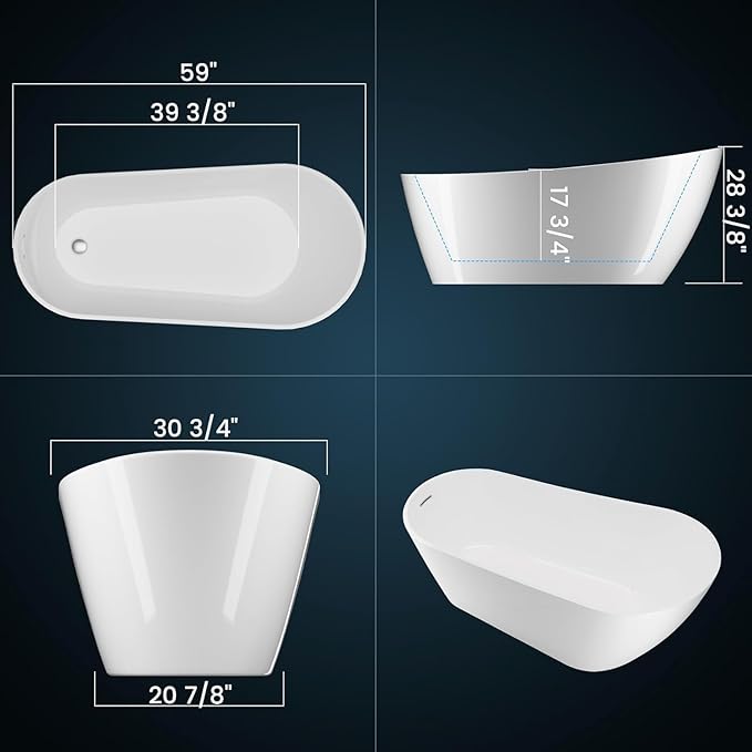 ‎59 Inch Acrylic Freestanding Bathtub, Bathtub with Matte Drain and Overflow, Modern Square Tub with Deep Ergonomic Design and Double-Walled Insulation, Double-Walled Insulation, cUPC Certified