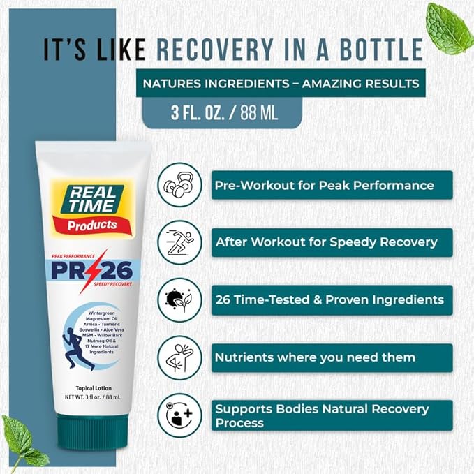 PR-26 by Real Time 3 fl oz Recovery Topical Lotion for Athletes - 26 Natural Ingredients Including Arnica, Magnesium Oil, Turmeric - Pre & Post Workout Muscle + Joint Rub for Athletic Lifestyle