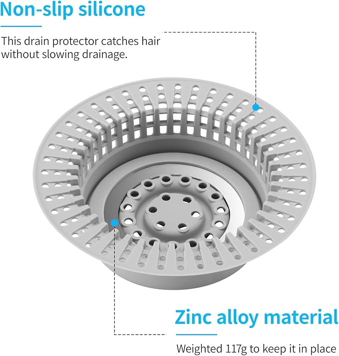 Shower Drain Hair Catcher, Bathtub Drain Cover Hair Trap Strainer Upgraded Protector with Silicone & Stainless Metal Designed for Pop-Up and Regular, Effective Without Slowing Drainage