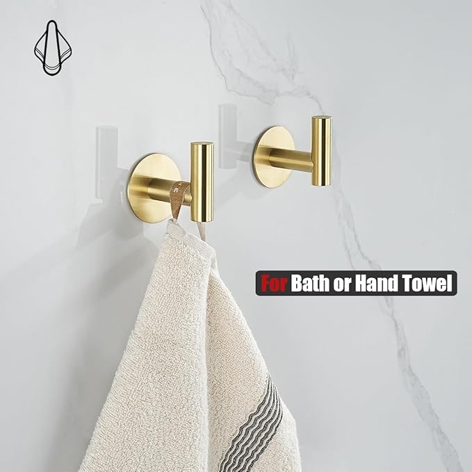 JQK Self Adhesive Towel Hook Gold, No Drill Stick on Coat Robe Clothes Wall Hook for Bathroom Kitchen Garage 2 Pack, 304 Stainless Steel Brushed Gold, ATH110-BG-P2