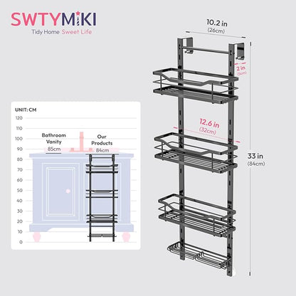 SWTYMIKI Over the Door Shower Caddy - 4 Tier Adjustable Shower Organizer Hanging with Soap Holder, No Drilling Stainless Steel Bathroom Rack Hanging for Body Wash, Shampoo, Soap, Razor, Black