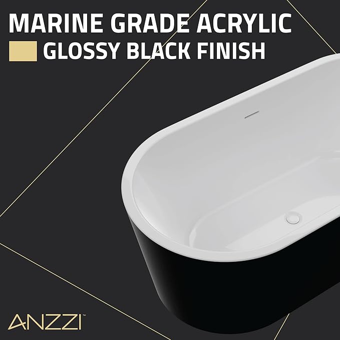 ANZZI 55 Inch Acrylic Freestanding Bathtub In Glossy White | Chand Pre-plumbed Solid Deep Soaker Tub With Built In Overflow And Drain | Soaking Stand Alone Tub 72 Gallons Capacity | FT-AZ098-55BK