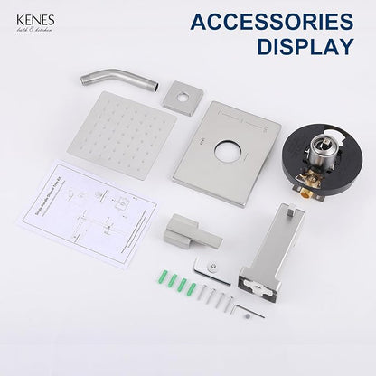 KENES Tub Shower Faucet Set Complete, Brushed Nickel Tub and Shower Trim Kit with 6-Inch Rain Shower Head, Square Shower System, KE-6025A (Shower Valve Included)