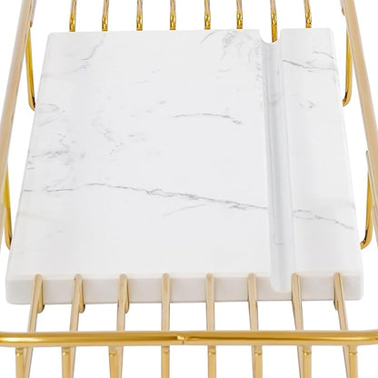 Bathtub Tray Caddy for Luxury Bath, Stainless Steel 26.8-35.4 in Expandable Extra Wide Bath Tub Tray with Natural Marble and Mobile/Tablet Stand, Ideal for Home Spa Lovers (Gold + White)
