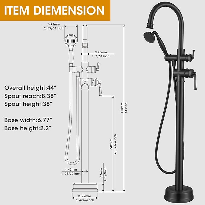 B2311-BK Freestanding Roman Tub Faucet with Antique Handheld, Swivel Gooseneck Spout Shower Mixer Taps - Matte Black High Flow Tub Filler