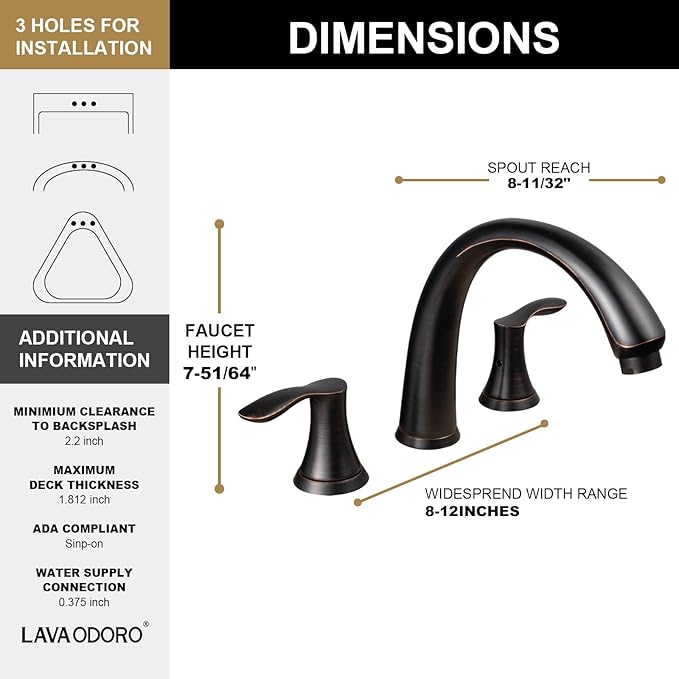 Black Gold Roman Tub Faucet, Lava Odoro 8 inch Widespread Bathtub Faucet with Valve, High Flow 2 Handle Deck Mount Tub Faucet, Solid Brass 3 Hole Bath Tub Filler TF405-GB