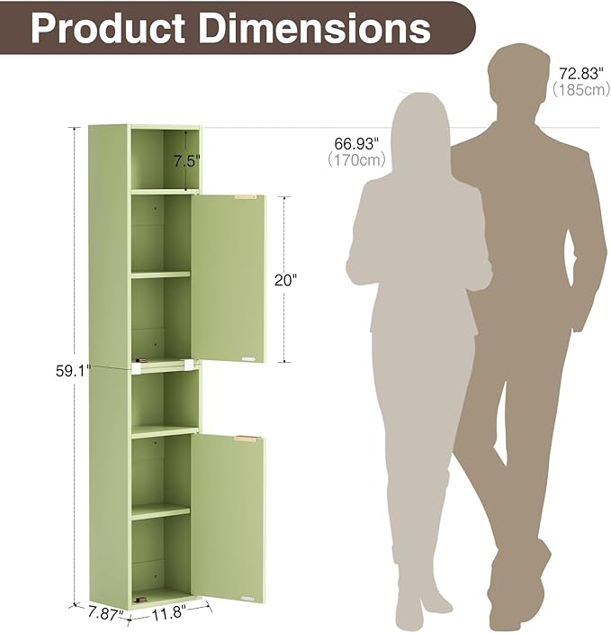 59.1" Tall Slim Bathroom Storage Cabinet Green | Freestanding or Wall Mounted Modular Cabinet, Fluted Panel Linen Tower with Adjustable Shelves for Small Spaces