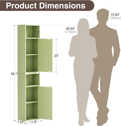 59.1" Tall Slim Bathroom Storage Cabinet Green | Freestanding or Wall Mounted Modular Cabinet, Fluted Panel Linen Tower with Adjustable Shelves for Small Spaces