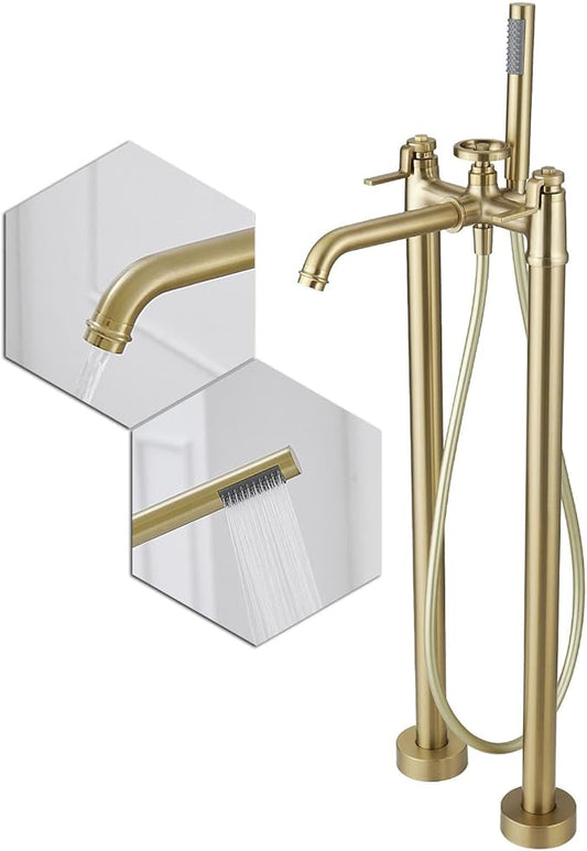 Gold Freestanding Bathtub Faucet Floor Mount Tub Filler with Handheld Shower Two Handle Two Feet High Flow Rate Mixer Tap Bathroom Tub Faucet