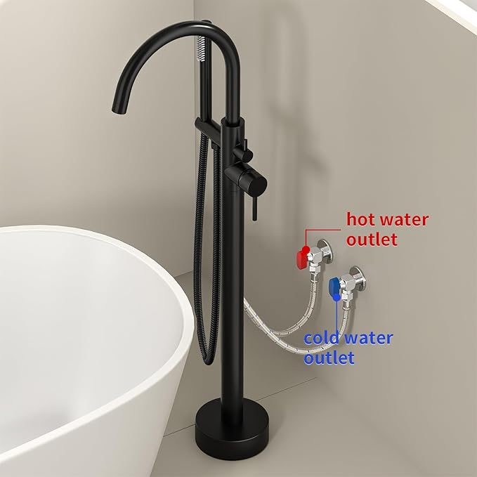 Freestanding Bathtub FaucetFloor Mount Bathtub Filler Shower Mixer Faucet with Handheld Shower Sprayer Swivel, Side Inlet，Matte Black