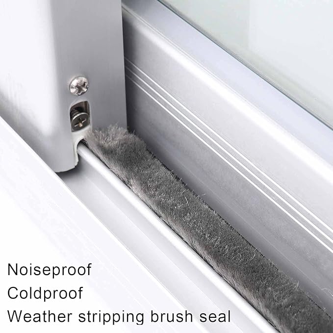 Door Brush Seal, 33Feet, Felt Pile Weather Stripping for Doors, Weather Strip for Windows Cabinet, Self Adhesive Draft Blocker, Dust Stopper Sliding Door Seal Winter, Grey 10m