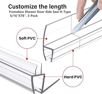 Shower Door Bottom&Side Seal Set 3PCS, 78" (1981mm) Length H-Type PVC Strip for 5/16" (8mm) Thick Frameless Glass Door, to Stop Water Leaks