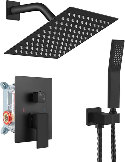 gotonovo Rainfall Bathroom Shower System Rain Shower Head and Handle Set Wall Mounted Shower Complete Combo Solid Brass Pressure Balancing Shower Mixer Valve 8 Inch Matte Black