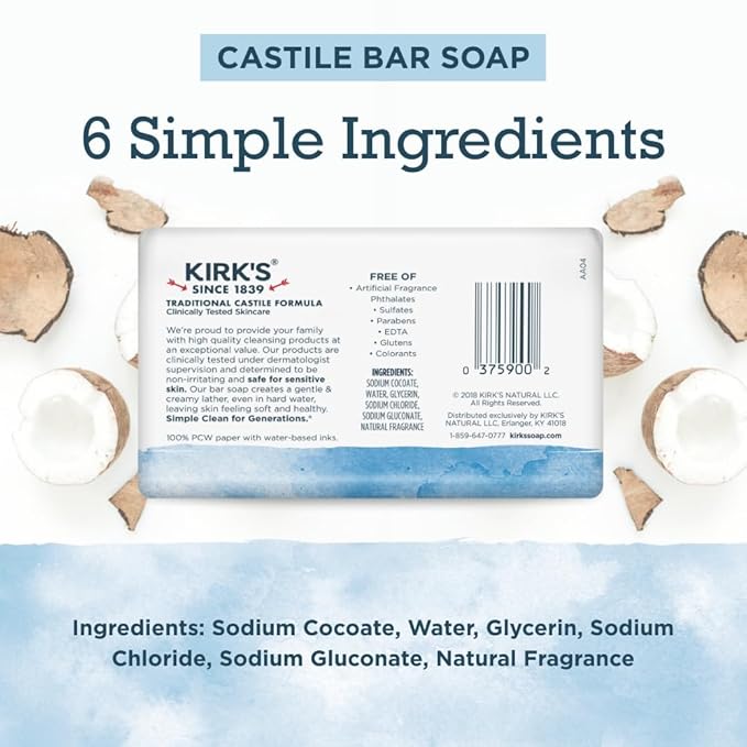 Kirk's Castile Bar Soap for Men, Women & Children - Made With Premium Coconut Oil, Sensitive Skin Formula, Vegan, Non GMO, Original Fresh Scent, 4 oz. Bars, 6 Pack