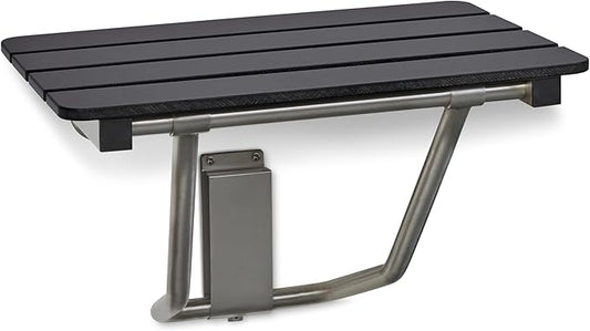 24-inch x 15-inch ADA Folding Wall Mount Bathroom Shower Seat Bench, Black Slatted Phenolic Seat