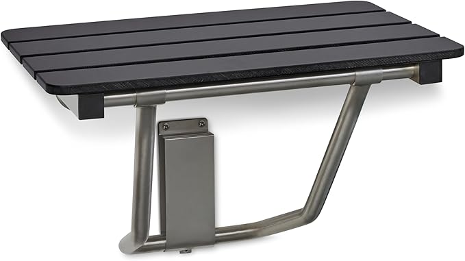 18-inch x 15-inch ADA Folding Wall Mount Bathroom Shower Seat Bench, Black Slatted Phenolic Seat