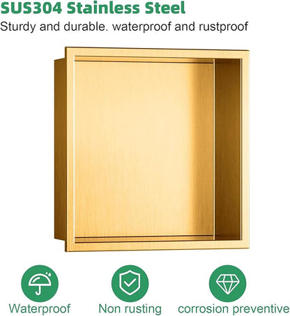 SaniteModar Shower Niche, Stainless Steel Shower Niche 12" X 12" No Tile Needed, Recessed for Bathroom Storage, Brushed Gold (Brushed Gold, 12x12)