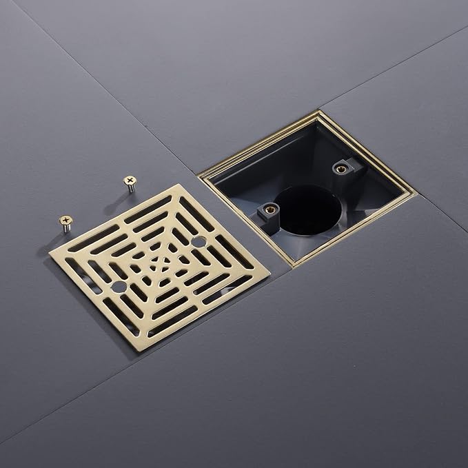 4-1/4 Inch Brushed Gold Shower Drain Square, Base with Adjustable Drain Flange Kit PVC, Removable Grille Strainer Drain Cover with Screws, SUS304 Stainless Steel Brass Face