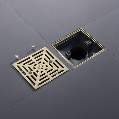 4-1/4 Inch Brushed Gold Shower Drain Square, Base with Adjustable Drain Flange Kit PVC, Removable Grille Strainer Drain Cover with Screws, SUS304 Stainless Steel Brass Face
