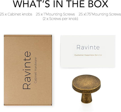 Ravinte 25 Pack Drawer Pulls 1-1/4 Inch Kitchen Cabinet Knobs Solid Round Dresser Drawer Knobs Antique Brass Dresser Knobs Drawer Knobs Simple Cabinet Hardware for Cupboard Drawer Pulls