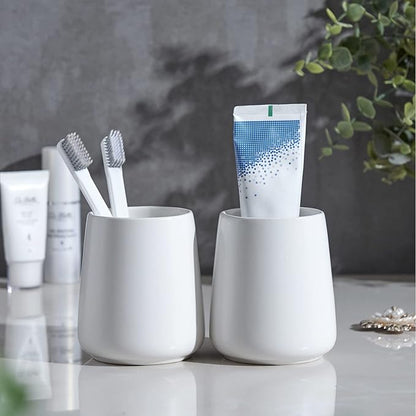 White Toothbrush Holder for Bathroom - 2Pcs Ceramic Tooth Brushing Holders Set, Toothbrush Cup & Toothpaste Organizer for Bathroom Countertop, Makeup Brush Holder, Pen Holder for Home Desktop Storage