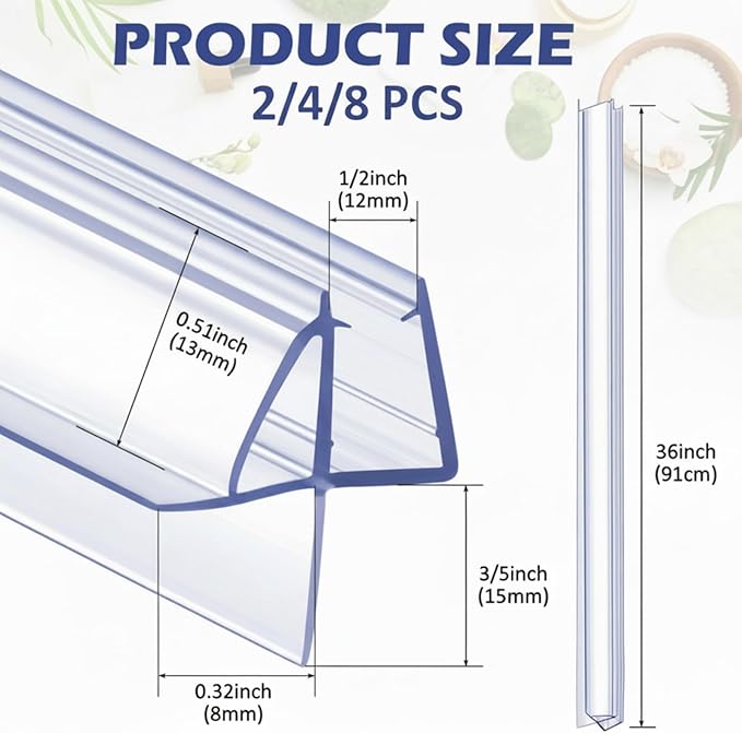 Frienda 4 Pcs Shower Door Bottom Seal 1/2" x 36' Clear PVC Glass Door Sweep Shower Frameless Seal Strip for Replacement Stopping Leaks and Creating Water Barrier