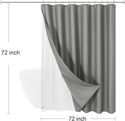 MitoVilla 3 in 1 Shower Curtain Set, Grey Boho Farmhouse Linen Textured Bath Curtain and Clear PEVA Liner Set with 12 Double Sided Steel Hooks, Waterproof Fabric Hotel Bathroom Curtain - 72x72