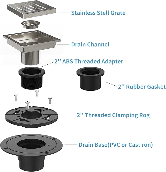 4 Inch Square Shower Floor Drain, Brushed Nickel High Flow Shower Drain Kit with Flange with Hair Filter, Removable Grate Cover, Stainless Steel, Abs Fixing Tray, CUPC Certified(Brushed Nickel)