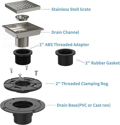 4 Inch Square Shower Floor Drain, Brushed Nickel High Flow Shower Drain Kit with Flange with Hair Filter, Removable Grate Cover, Stainless Steel, Abs Fixing Tray, CUPC Certified(Brushed Nickel)