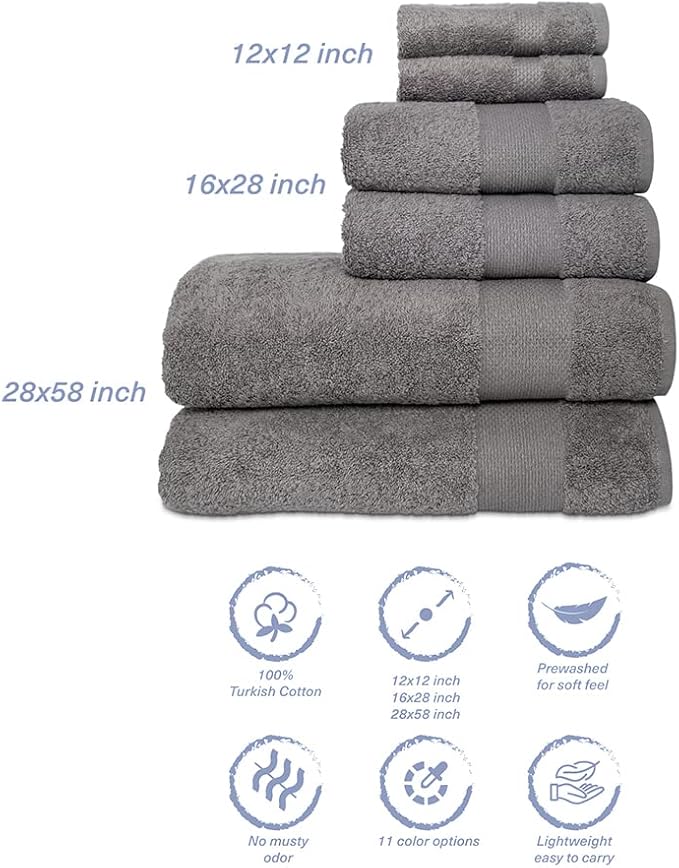 Hencely 6-Piece Bath Towel Set - High Absorbency, Quick Drying - 100% Soft Turkish Cotton - 2 Bath Towels, 2 Hand Towels, 2 Washcloths - for Bathroom, Home, Hotel, Spa, and Gym - 6-Pack Gray