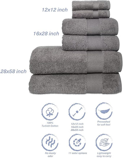 Hencely 6-Piece Bath Towel Set - High Absorbency, Quick Drying - 100% Soft Turkish Cotton - 2 Bath Towels, 2 Hand Towels, 2 Washcloths - for Bathroom, Home, Hotel, Spa, and Gym - 6-Pack Gray