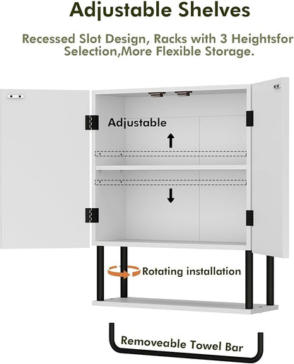 RUSTOWN Fluted Bathroom Wall Cabinet with 2 Doors, 3-Tier Modern Farmhouse Medicine Cabinet, Over The Toilet Storage Cabinet with Adjustable Shelf and Towel Bar (White, Medium)