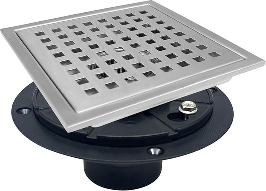 6 Inch Square Shower Drain with Flange, Removeable Grate SUS 304 Stainless Steel Shower Drain with Hair Catcher (Brushed Nickel, 6 Inch)
