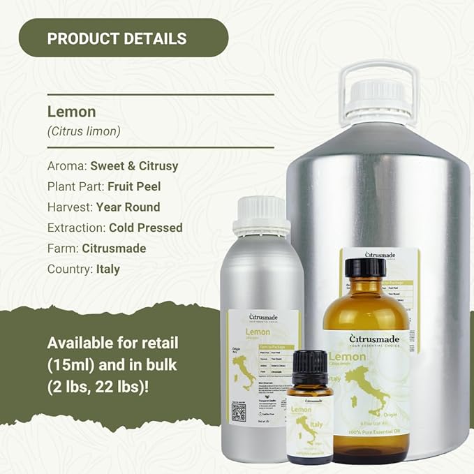 Lemon Essential Oil - Direct from Citrusmade Southern Italy - Cold Pressed - Aceite de Limón for Aromatherapy, Massage, Diffuser, DIY Candle and Soap Making - 15ml