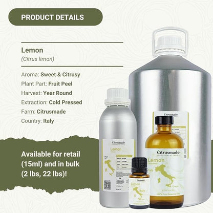 Lemon Essential Oil - Direct from Citrusmade Southern Italy - Cold Pressed - Aceite de Limón for Aromatherapy, Massage, Diffuser, DIY Candle and Soap Making - 15ml