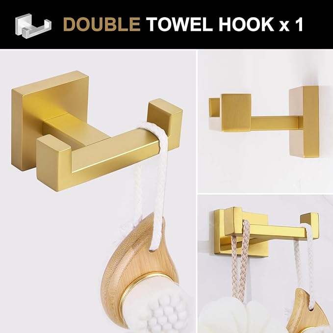 Brushed Gold Towel Bar Set, Lava Odoro 5-Piece Bathroom Hardware Set Gold Towel Rack Towel Holder Set Wall Mounted Stainless Steel, Bathroom Accessories Kit, 23.6-Inch