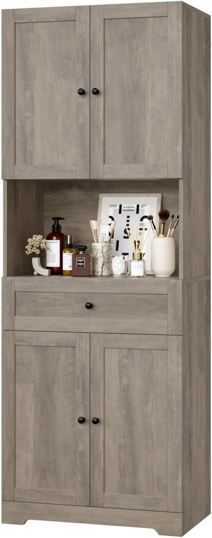 Tall Bathroom Storage Cabinets with Drawer, Farmhouse Linen Cabinet with Doors & Shelves, 67” Tall Storage Cabinet Freestanding for Bathroom, Dining Room, Kitchen, Pantry, Laundry, Narrow Corner,Brown