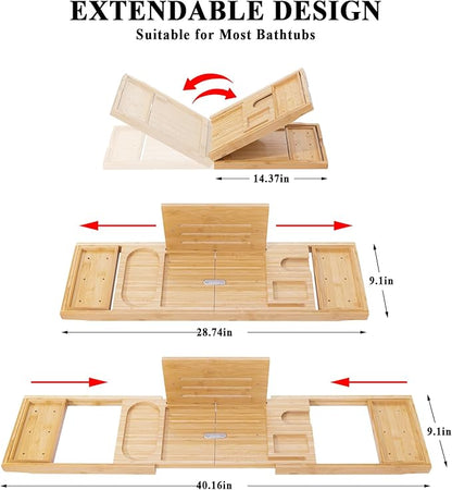 AUTODECO Bathtub Tray, Bamboo Bath Tray for Tub, Expandable Bath Tray with Bamboo Book Stand, Soap Tray, Bathtub & Bathroom Accessories Perfect for Home Spa, Natural Colour